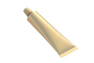 Beyaz arka planda izole edilmiş altın diş macunu tüpü. 3d hazırlayıcı