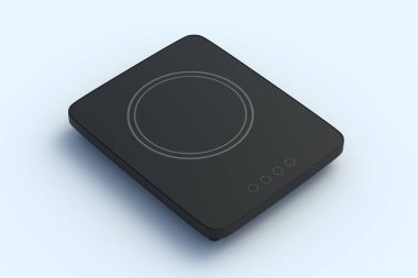 Açık gri arka planda indüksiyon tenceresi. Portatif fırın. Modern elektrikli hob. 3d hazırlayıcı