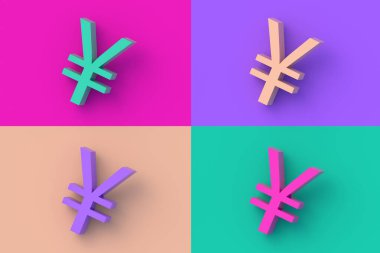 Dört farklı renk yuan seti, renkli segmental arka planda yen sembolü. 3d hazırlayıcı