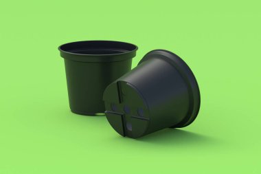 Yeşil arka planda fidanlar için iki plastik saksı. Bahçe aksesuarları. Bahçecilik ekipmanları. 3d hazırlayıcı