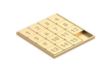 Beyaz arka planda izole edilmiş 15 adet altın sürgülü yapboz. 3d hazırlayıcı