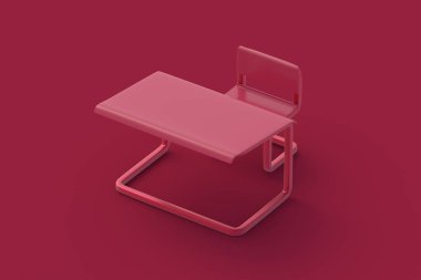 Okul masası ve kırmızı arka planda macenta koltuğu. 3d hazırlayıcı