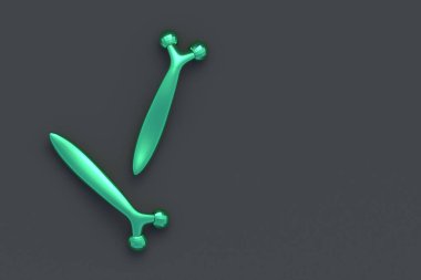 Siyah arka planda yeşil top yuvarlayanlar. Metal masaj aleti. Kozmetik aksesuarlar. Cilt bakımı aleti. Üst Manzara. Uzayı kopyala 3d hazırlayıcı