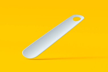 Turuncu arka planda düşen ayakkabı çekeceği. Plastik ayakkabı kaşığı. 3d hazırlayıcı