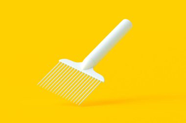 Turuncu arka planda düşen soğan tutacağı. Sebze dilimlemek için bir cihaz. Mutfak aksesuarları. 3d hazırlayıcı