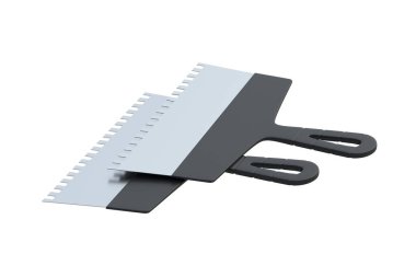 Beyaz arka planda izole edilmiş yapıştırıcı için çentik spatulaları. İnşaat aletleri. 3d hazırlayıcı