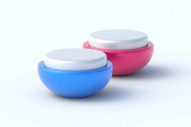 Açık gri arka planda renkli vücut bakım kremi kavanozları. Nemlendirici, güneş kremi ya da temizleyici jeli modern konteynır. Kozmetik ürünü. 3d hazırlayıcı