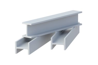 Beyaz arka planda izole edilmiş üç çelik kiriş. Metal kiriş. İnşaat malzemeleri yapıyorum. Metalürji endüstrisi. 3d hazırlayıcı
