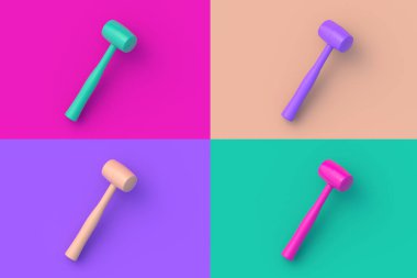 Renkli segmental arka planda dört farklı renkli lastik çekiç seti. 3d hazırlayıcı