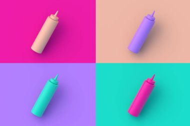 Renkli arka planda dört farklı renk ketçap şişesi. 3d hazırlayıcı