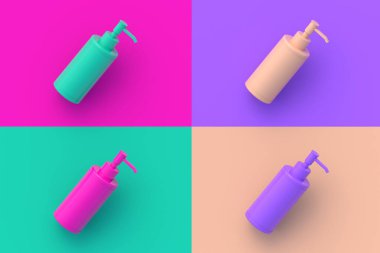 Renkli arkaplanda sabun için dört farklı renk dağıtıcısı. 3d hazırlayıcı