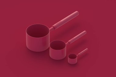 Kırmızı arka planda bir kaşık moru ölçüyorum. 3d hazırlayıcı