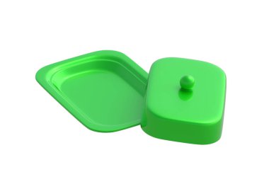 Kapağı beyaz arkaplanda izole edilmiş tereyağı kabını aç. Peynir için kapaklı fincan tabağı. Mutfak aksesuarları. 3d hazırlayıcı