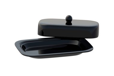 Siyah tereyağı kabı beyaz arka planda izole edilmiş. Peynir için kapaklı fincan tabağı. Mutfak aksesuarları. 3d hazırlayıcı