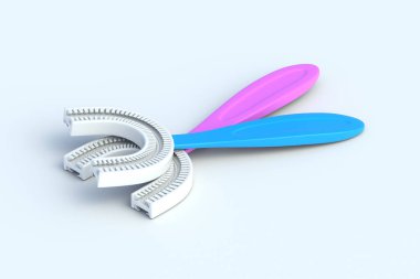 Açık gri arka planda renkli diş fırçaları. Bebek için sağlık aksesuarları. Çocuklar için diş temizleyicisi. 3d hazırlayıcı