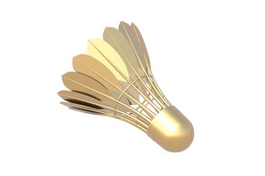 Badminton için Golden Shuttlecock beyaz arka planda izole edilmiş. 3d hazırlayıcı