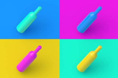 Set of four different color wine bottle on colorful segmental background. 3d render
