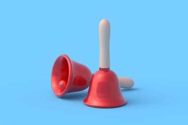 Mavi arka planda iki kırmızı Noel çanı. Okul zili. Şenlikli aksesuarlar. 3d oluşturma