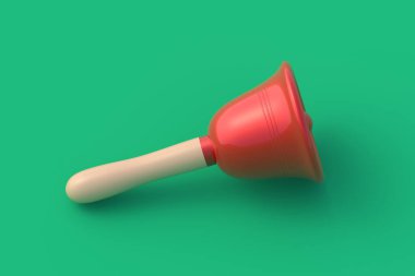 Yeşil arka planda kırmızı Noel çanı. Okul zili. Şenlikli aksesuarlar. 3d oluşturma
