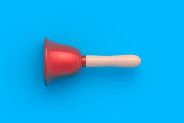 Mavi arka planda kırmızı bir Noel çanı. Okul zili. Şenlikli aksesuarlar. Üst Manzara. 3d oluşturma