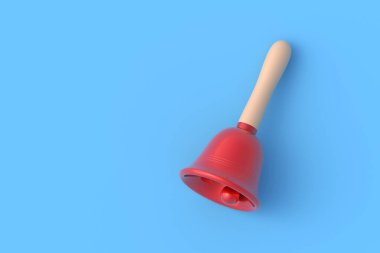 Mavi arka planı olan bir Noel zili. Okul zili. Şenlikli aksesuarlar. Uzayı kopyala 3d oluşturma