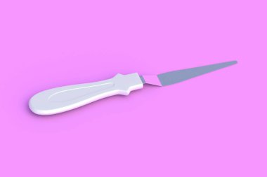 Pembe arka planda bir pasta süsleme spatulası. Şekerleme aleti. Profesyonel ekipmanlar. 3d oluşturma