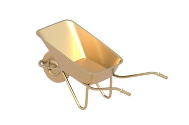 Altın el arabası beyaz arka planda izole edilmiş. Bahçıvanlık ve tarım ekipmanları. İnşaat aleti. 3d hazırlayıcı