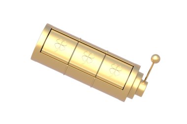 Beyaz arka planda yonca yaprakları olan altın kumarhane kumar makinesi. 3d hazırlayıcı