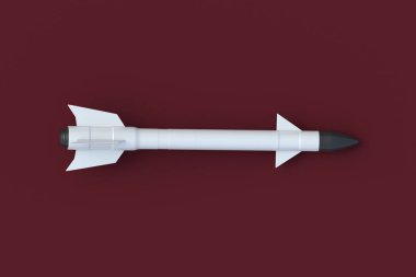 Kırmızı arka planda seyir füzesi. Nükleer, balistik silah. Hava savunması. Modern askeri teknoloji. Üst Manzara. 3d hazırlayıcı