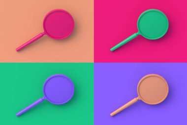 Renkli arka planda dört farklı renk büyüteç seti. 3d hazırlayıcı