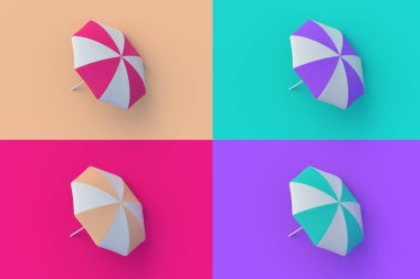 Renkli segmentlere sahip dört farklı renkte plaj şemsiyesi. 3d hazırlayıcı