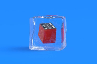 Buz küpünde LiFePo4 hücreleri. 3d illüstrasyon