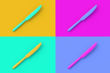 Renkli arka planda dört farklı renk bıçağı seti. 3d hazırlayıcı