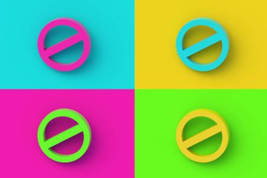 Renkli arkaplanda dört farklı renk yasağı işareti var. 3d hazırlayıcı