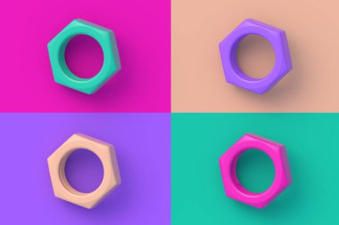 Renkli segmental arka planda dört farklı renkte metal fındık seti. 3d hazırlayıcı