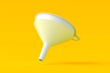 Turuncu arka plana düşen huni. Mutfak malzemeleri. Su dökme aleti. 3d hazırlayıcı