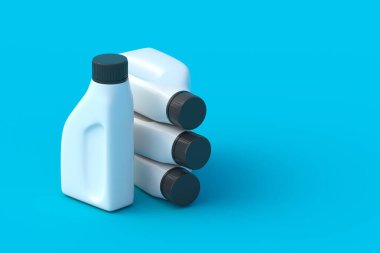 Mavi arka planda motor yağı için küçük paket yığını. Motor yağı tenekesi. Araba bakım aleti. Uzayı kopyala 3d hazırlayıcı