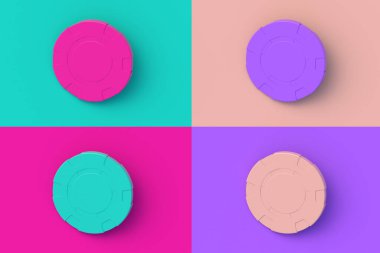 Renkli segmentlere sahip dört farklı renk kumarhane çipi. 3d hazırlayıcı