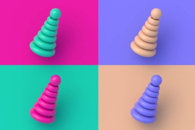 Renkli segmental arka planda dört farklı renk oyuncak piramidi. 3d hazırlayıcı