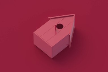 Kırmızı arka planda eflatun kuş evi. 3d hazırlayıcı