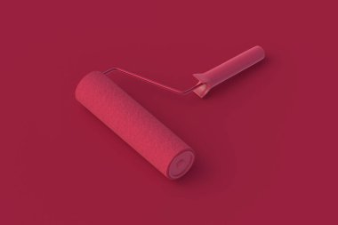 Kırmızı arkaplanda morumsu boya silindiri. 3d hazırlayıcı