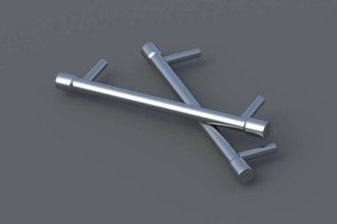 İki kapı kolu, çekmece ya da gri arka planda dolap. Modern mobilyalar. Metal kapı kolu. 3d hazırlayıcı