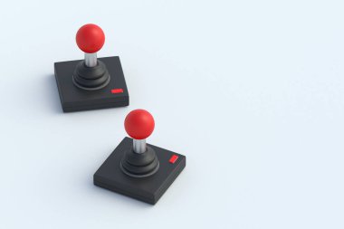 Açık gri arka planda iki oyun kolu. Retro oyun kontrolörü. Uzayı kopyala 3d hazırlayıcı