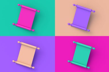 Renkli segmental arkaplan üzerine dört farklı renkli kağıt parşömeni. 3d hazırlayıcı