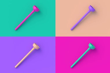 Renkli arka planda dört farklı renkte tuvalet pompası seti. 3d hazırlayıcı