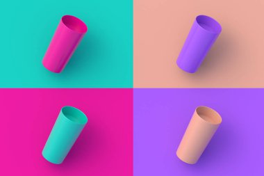 Renkli arka planda dört farklı renk camından oluşan bir set. 3d hazırlayıcı