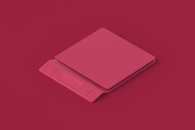 Kırmızı arka planda elektronik eflatun mutfak pulları. 3d hazırlayıcı