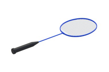 Beyaz arka planda izole edilmiş bir badminton raketi. Spor malzemeleri. 3d hazırlayıcı