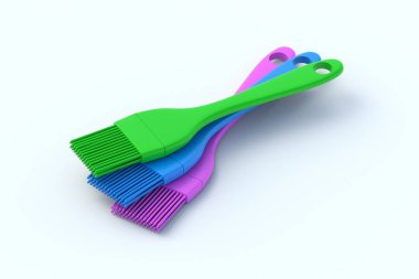 Açık gri arka planda renkli silikon fırçalar. Lastik mutfak gereçleri. Mutfak aletleri. Yemek aksesuarları. Fırın ekipmanları. 3d hazırlayıcı