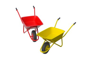 Beyaz arka planda izole edilmiş iki el arabası. Bahçıvanlık ve tarım ekipmanları. İnşaat aleti. 3d hazırlayıcı